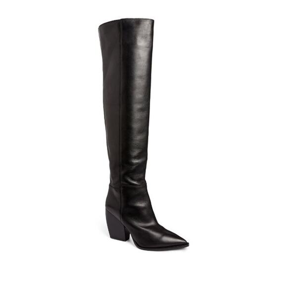 Allsaints Leather Reina Knee-High Boots Angled Block Heel Black Size 36 EU /US 6 - Picture 3 of 14